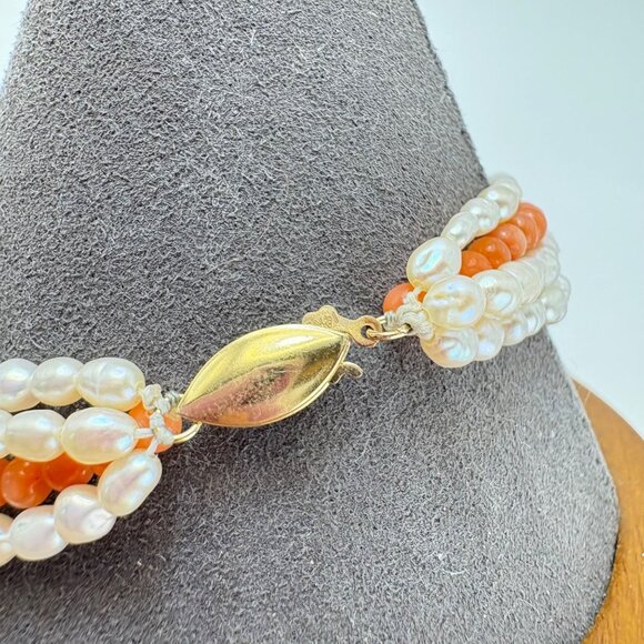 Vintage 14KY Gold Natural Coral & Biwa Pearl Multi Strand Bracelet 8" Length - Picture 4 of 8